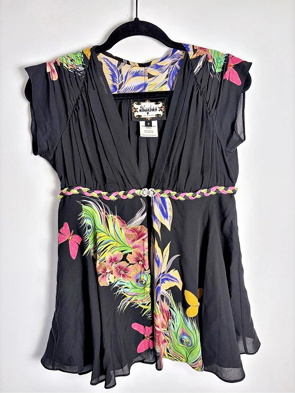 Vintage Meghan Los Angeles Silk Peacock Butterfly Rhinestone Tunic Top Size 2